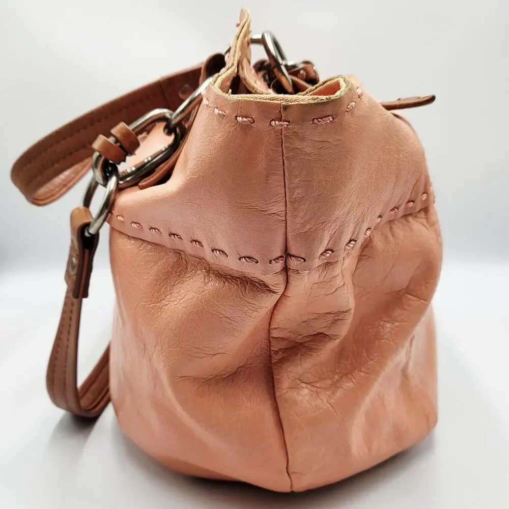 The Sak Pink Coral Salmon Leather Slouch Silhouette Hobo Handbag Stitched Detail